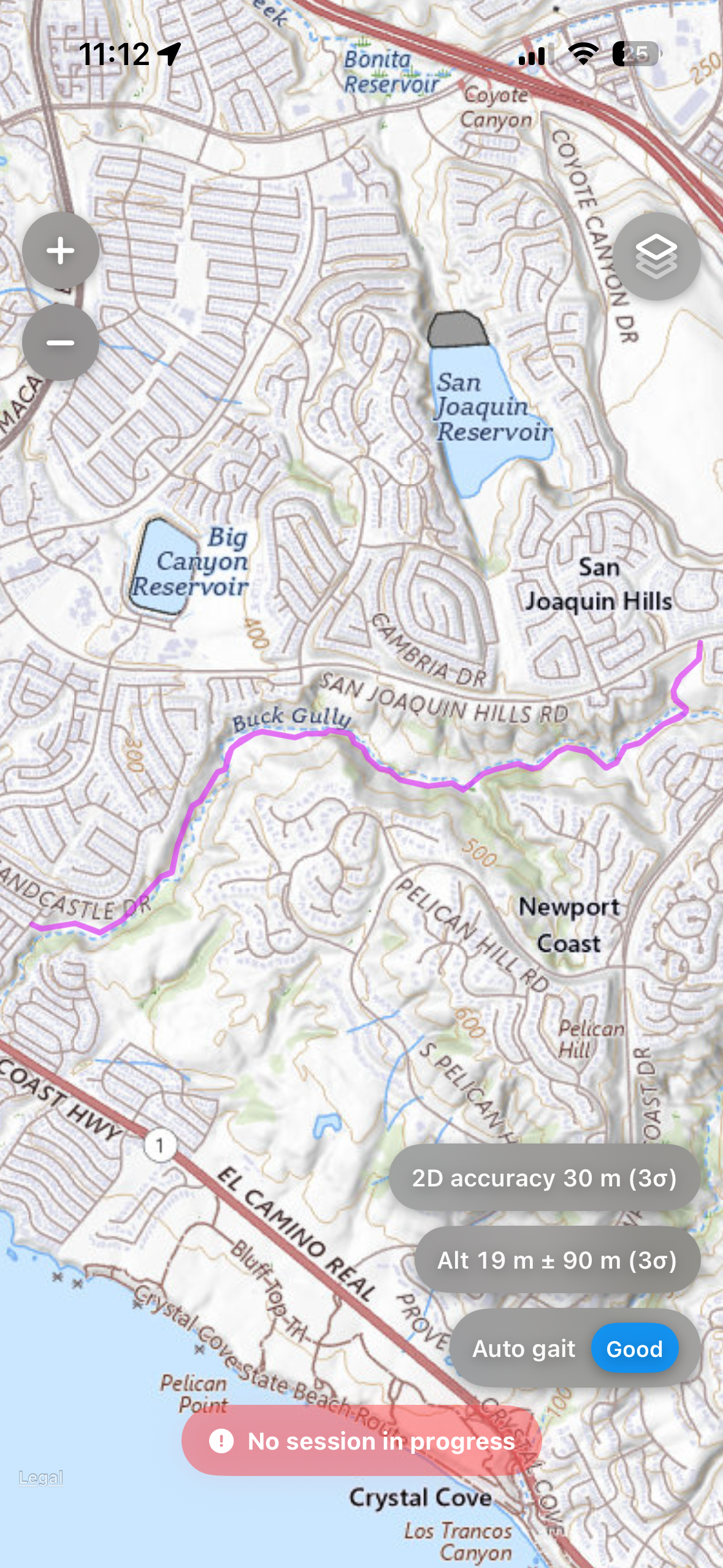 Rahbar evaluation app displaying a purple trail track across the contour lines of a USGS topographic map