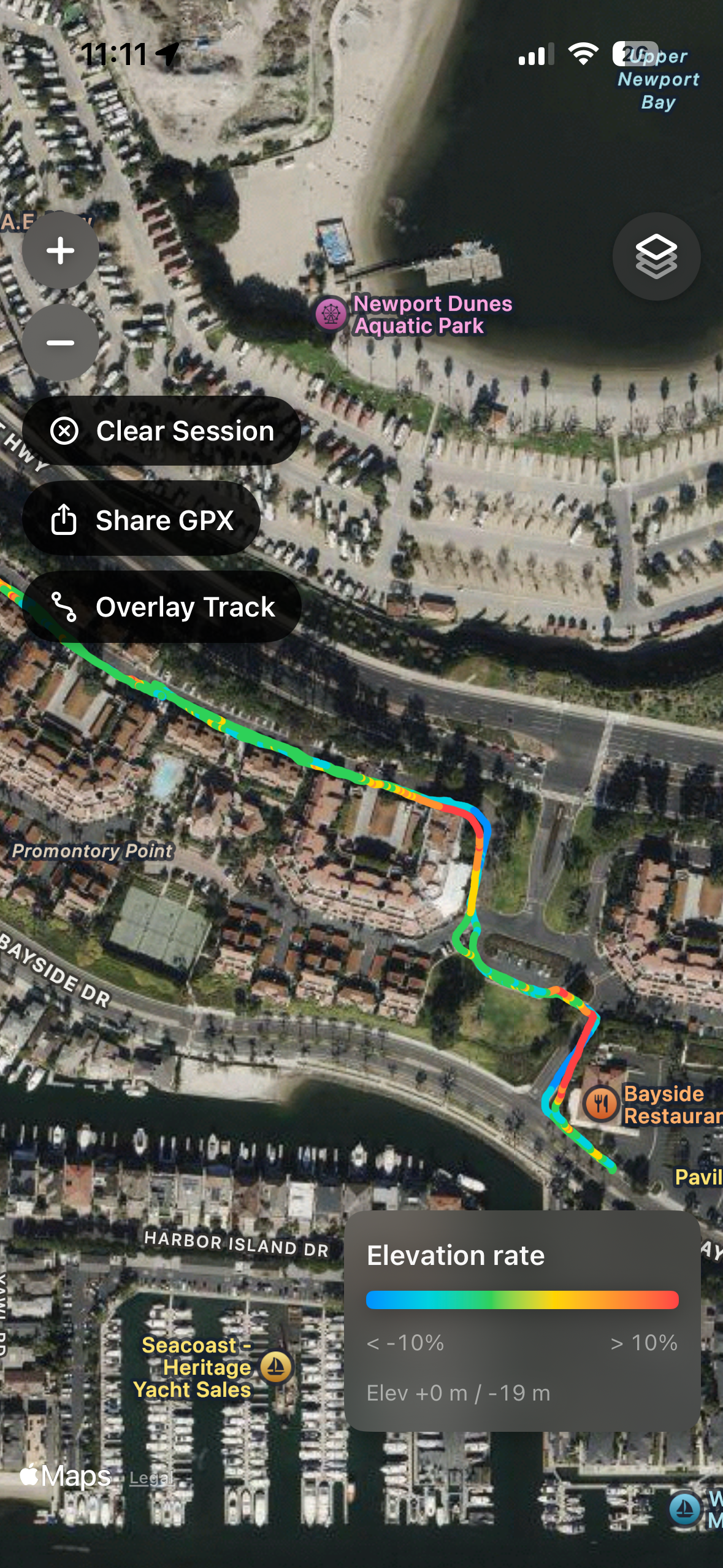 Rahbar evaluation app displaying an urban track colored by elevation rate over Apple Maps satellite imagery