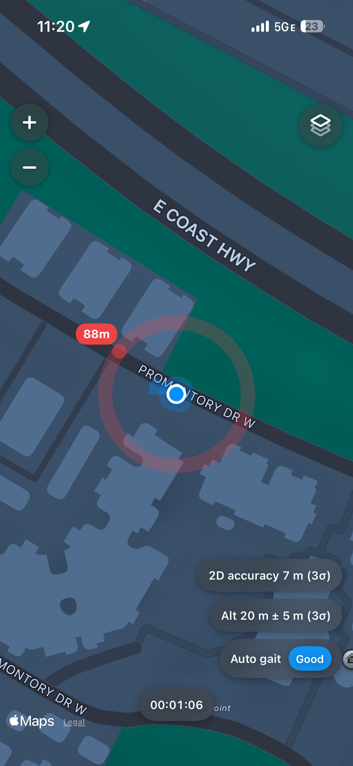 Rahbar evaluation app showing a waypoint 88 meters away and a direction cue on Apple Maps