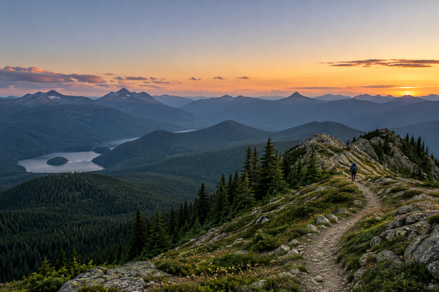 A hiking trail winding through a forested alpine landscape